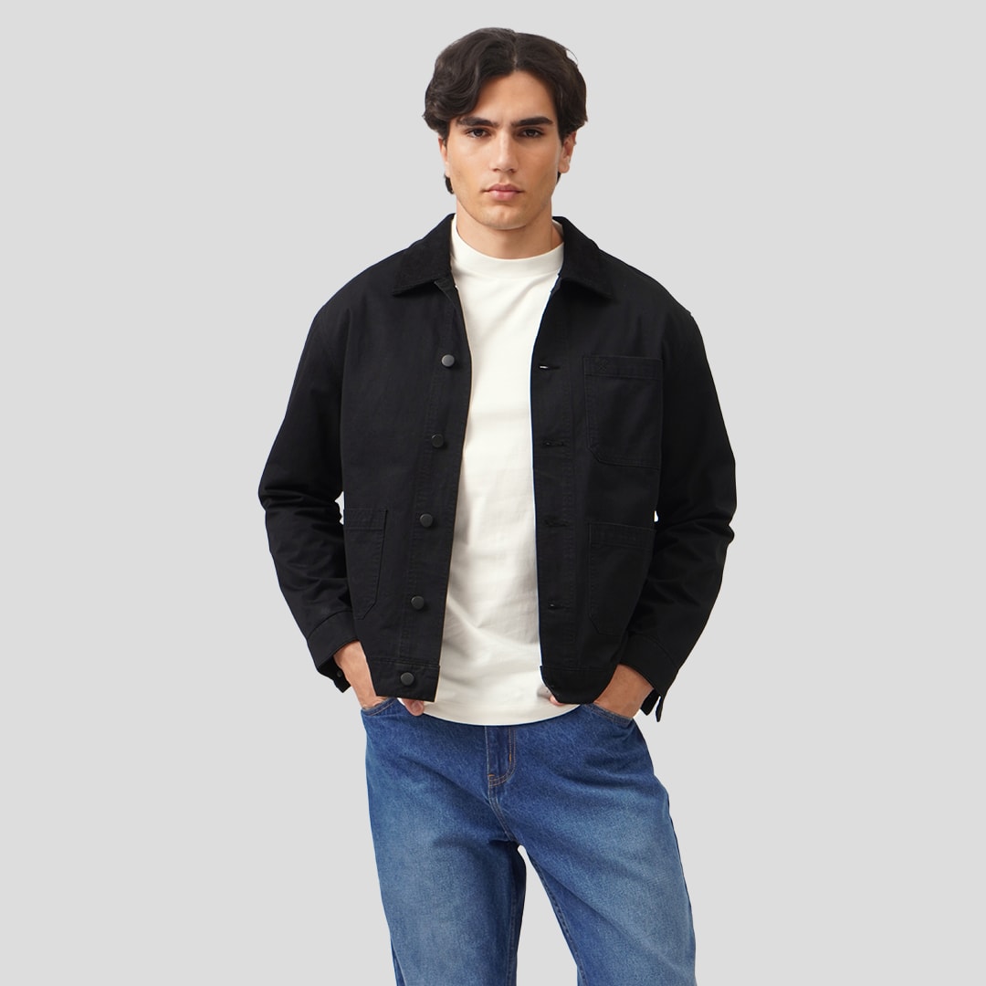 Regular Fit Work Jacket In Twill With Corduroy Collar And Cuff