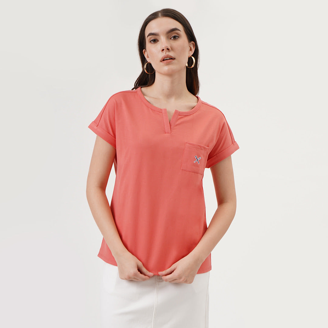 Split Neckline Tee With Pocket