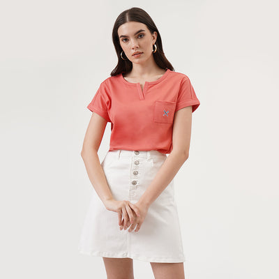 Split Neckline Tee With Pocket