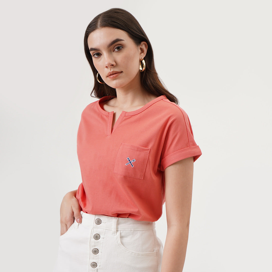 Split Neckline Tee With Pocket