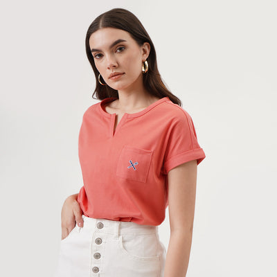 Split Neckline Tee With Pocket