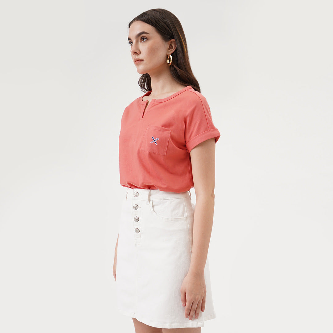 Split Neckline Tee With Pocket