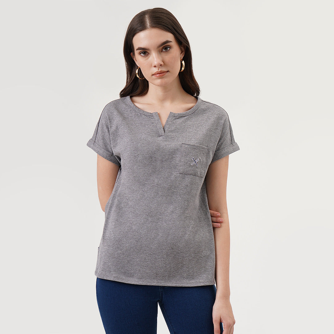 Split Neckline Tee with Pocket