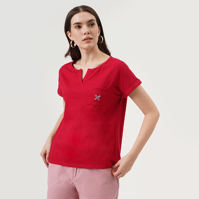 Split Neckline Tee with Pocket