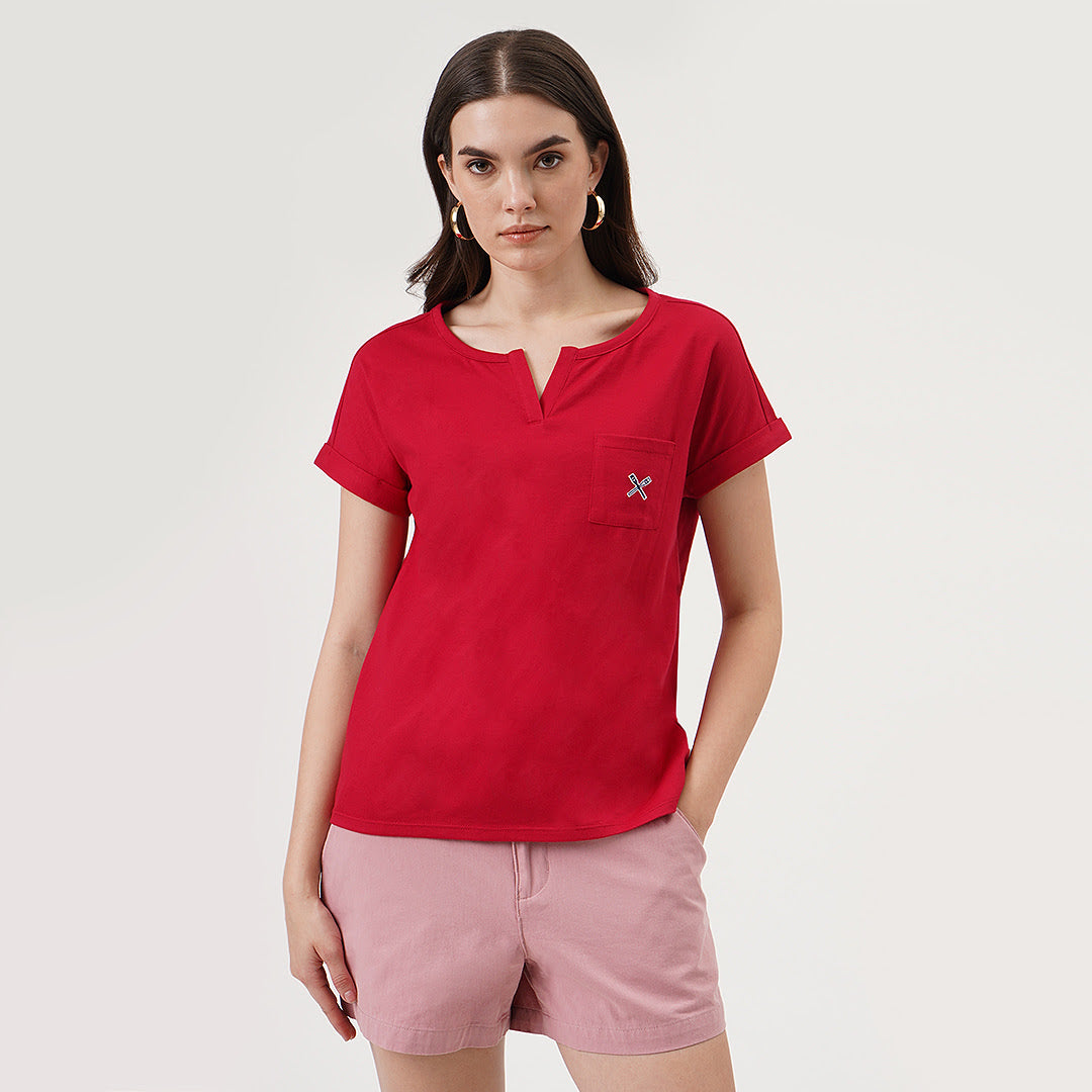 Split Neckline Tee with Pocket