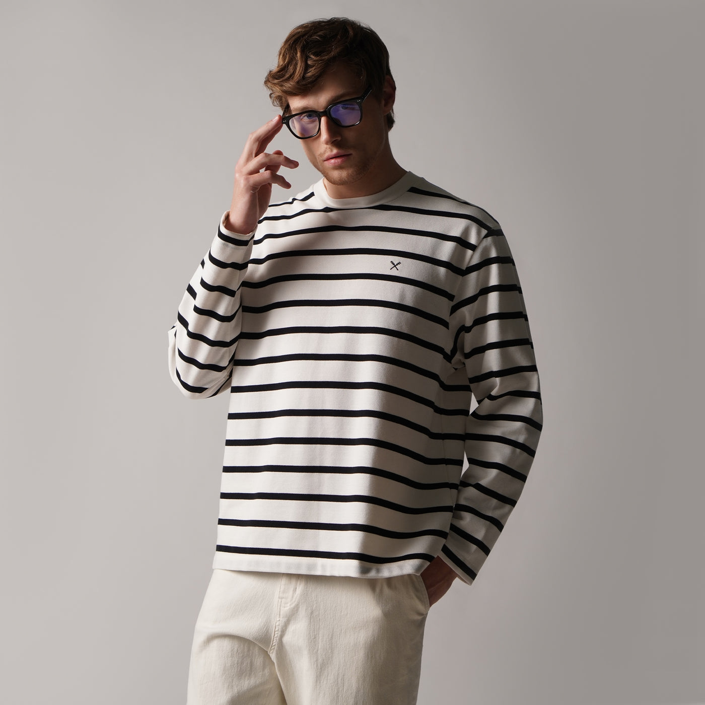 Regular Fit Long Sleeve Stripe T-Shirt In Honeycomb Pique