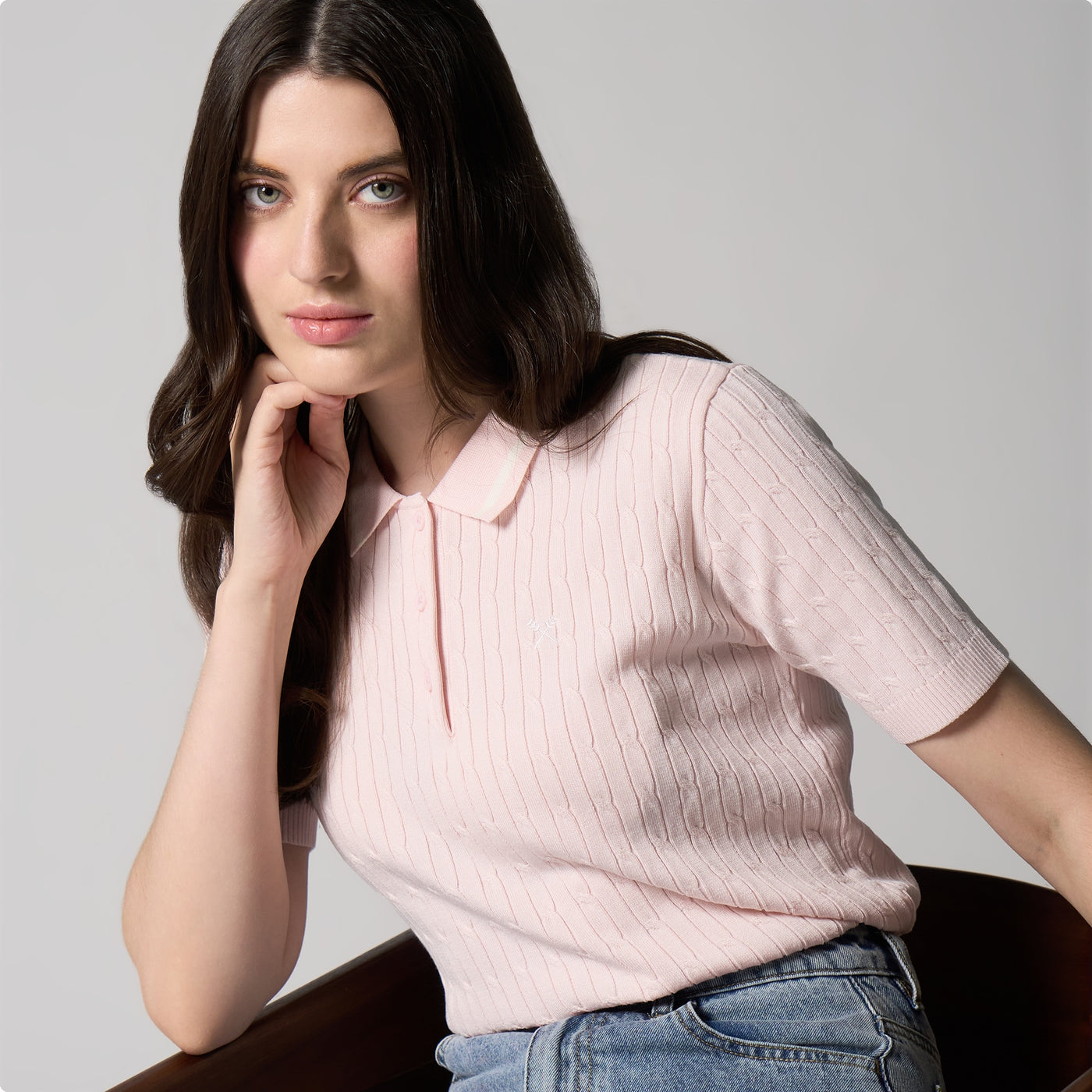 Cable Knit Polo With Contrast Tipping Detail