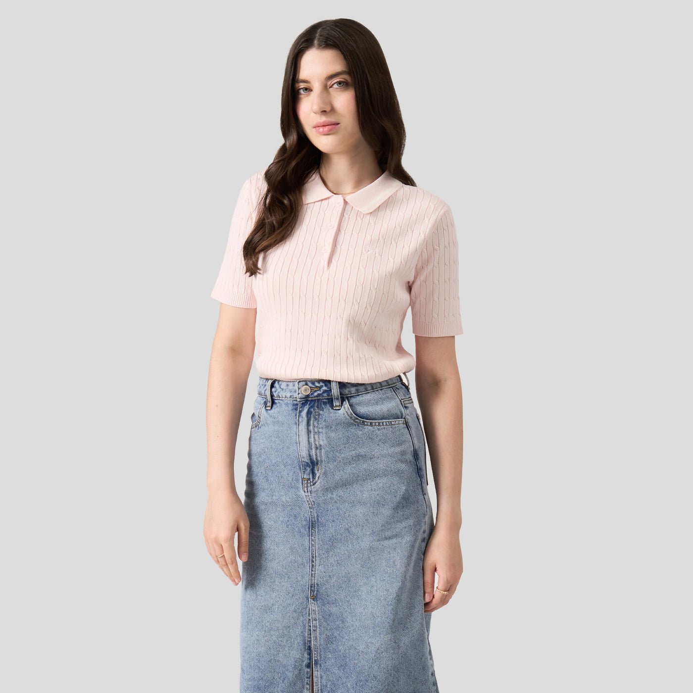 Cable Knit Polo With Contrast Tipping Detail