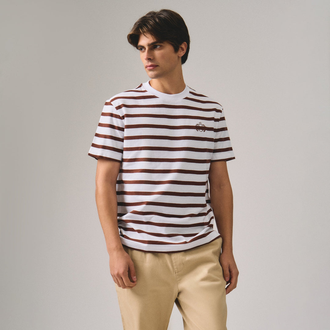 Regular Fit Stripe T-Shirt With Chest Emblem Embroidery In Honeycomb Pique