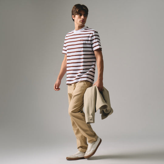 Regular Fit Stripe T-Shirt With Chest Emblem Embroidery In Honeycomb Pique