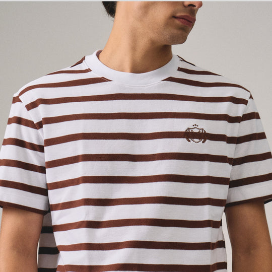 Regular Fit Stripe T-Shirt With Chest Emblem Embroidery In Honeycomb Pique