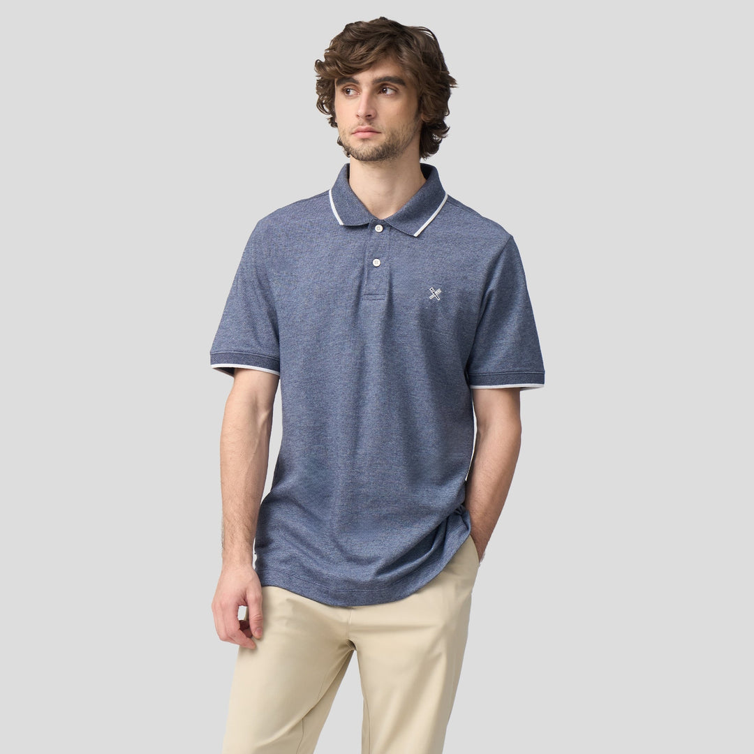 Regular Fit Polo Shirt With Jacquard Collar In Melange Pique