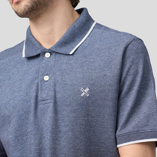 Regular Fit Polo Shirt With Jacquard Collar In Melange Pique