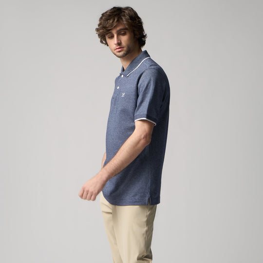 Regular Fit Polo Shirt With Jacquard Collar In Melange Pique