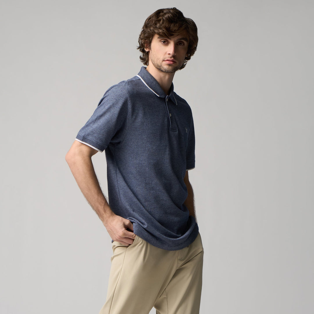 Regular Fit Polo Shirt With Jacquard Collar In Melange Pique