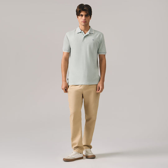 Regular Fit Polo Shirt With Jacquard Collar In Melange Pique