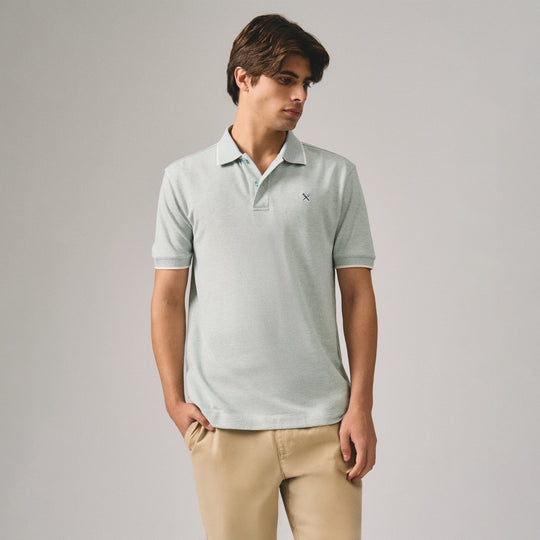 Regular Fit Polo Shirt With Jacquard Collar In Melange Pique