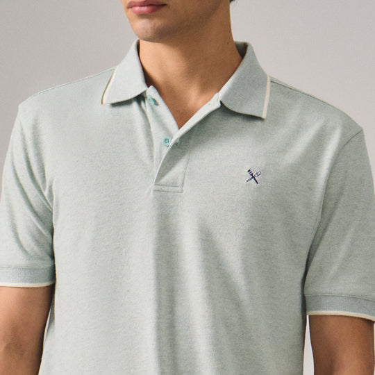 Regular Fit Polo Shirt With Jacquard Collar In Melange Pique