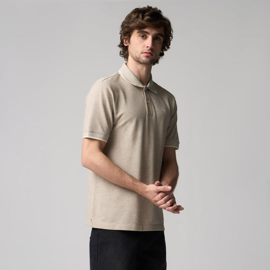 Regular Fit Polo Shirt With Jacquard Collar In Melange Pique