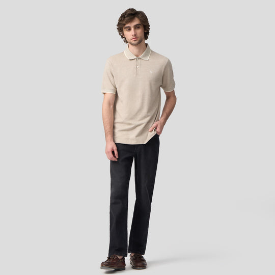 Regular Fit Polo Shirt With Jacquard Collar In Melange Pique