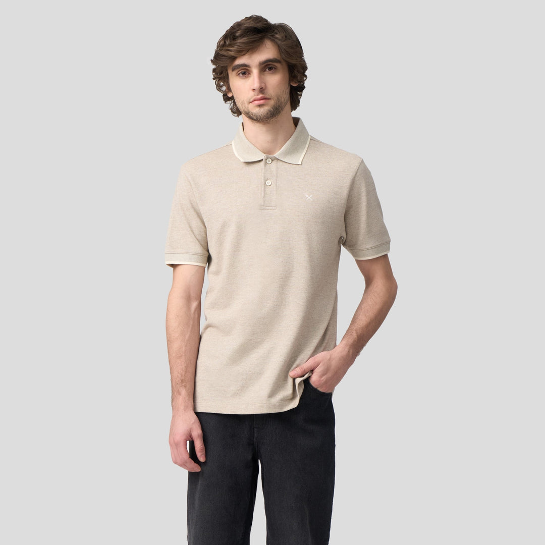 Regular Fit Polo Shirt With Jacquard Collar In Melange Pique