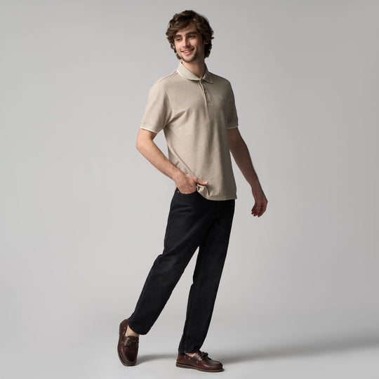 Regular Fit Polo Shirt With Jacquard Collar In Melange Pique