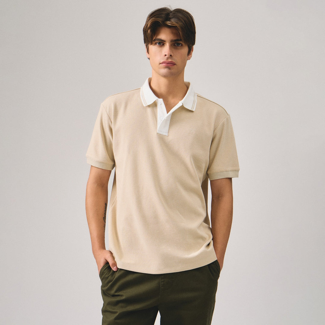Regular Fit Polo Shirt With Contrast Placket & Collar In Honeycomb Pique