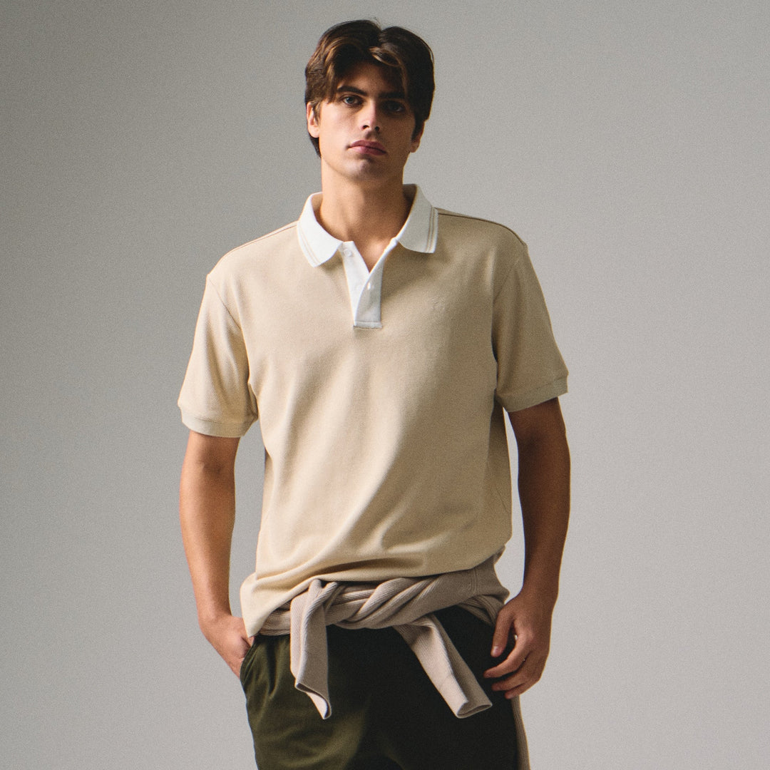 Regular Fit Polo Shirt With Contrast Placket & Collar In Honeycomb Pique