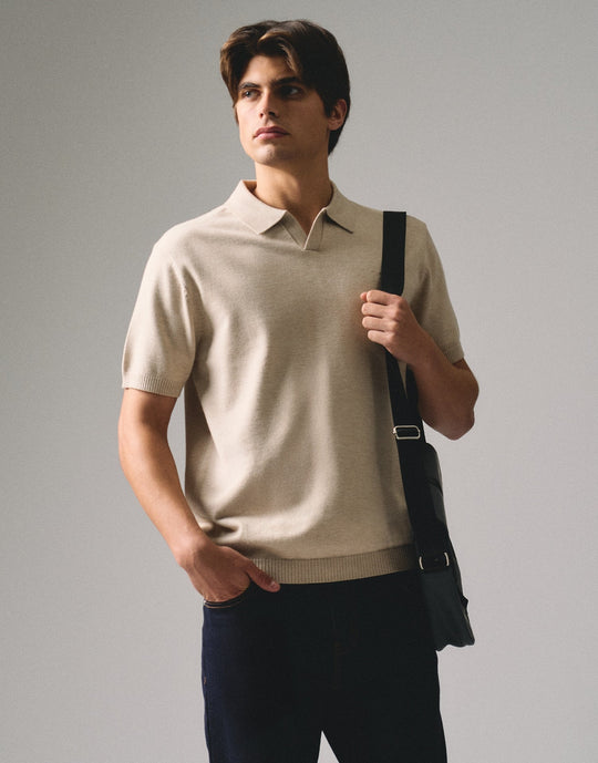 Regular Fit V-Placket Polo Shirt In Flat Knit