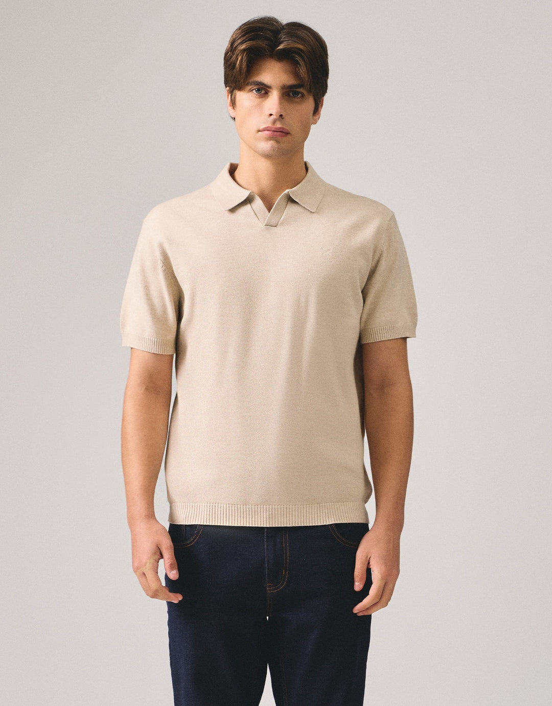 Regular Fit V-Placket Polo Shirt In Flat Knit