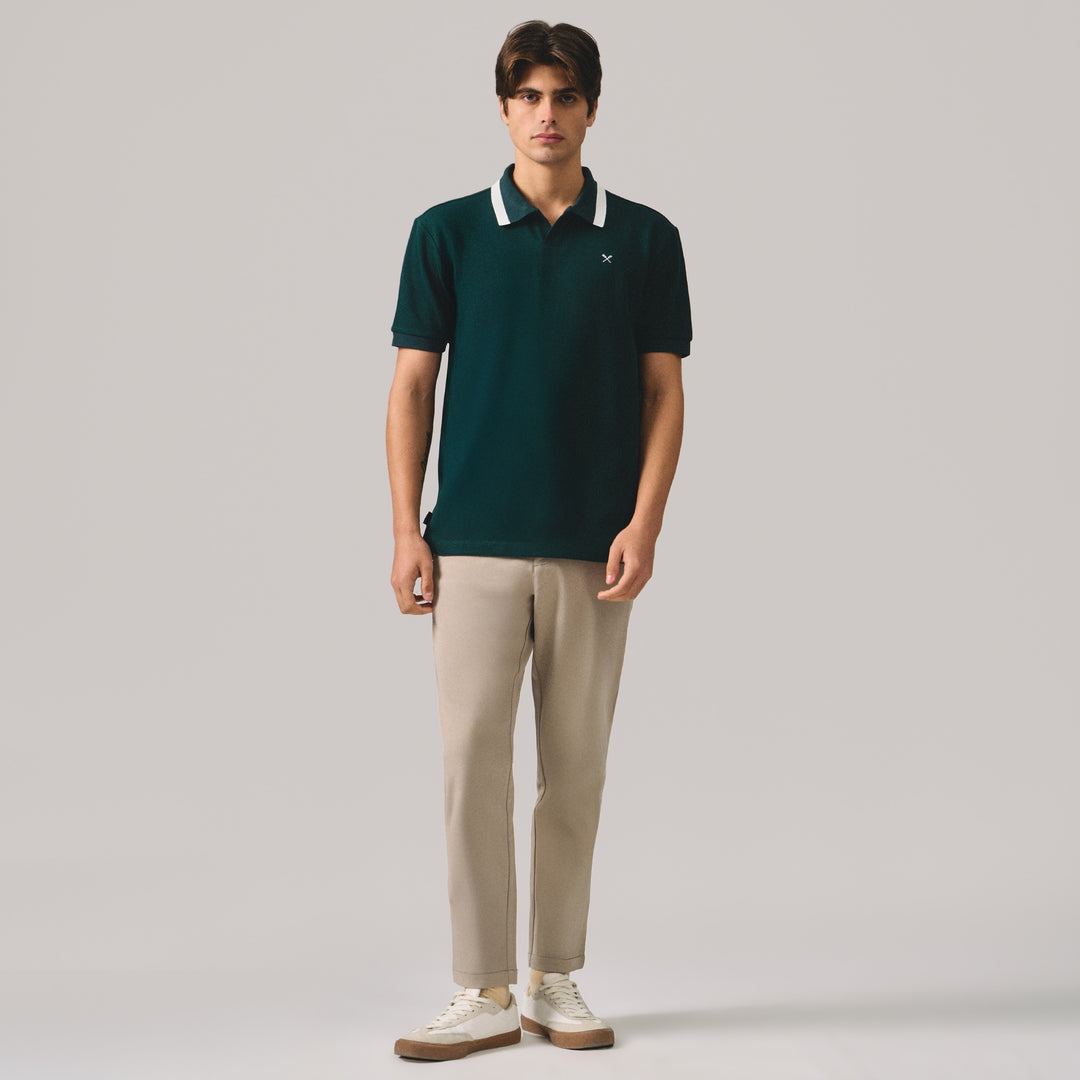 Regular Fit V-Placket Polo Shirt With Contrast Jacquard Collar In Pique