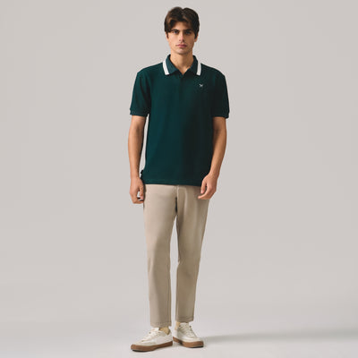 Regular Fit V-Placket Polo Shirt With Contrast Jacquard Collar In Pique