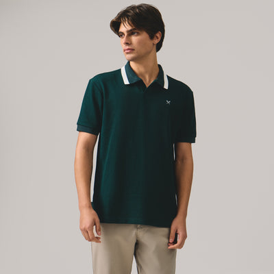 Regular Fit V-Placket Polo Shirt With Contrast Jacquard Collar In Pique
