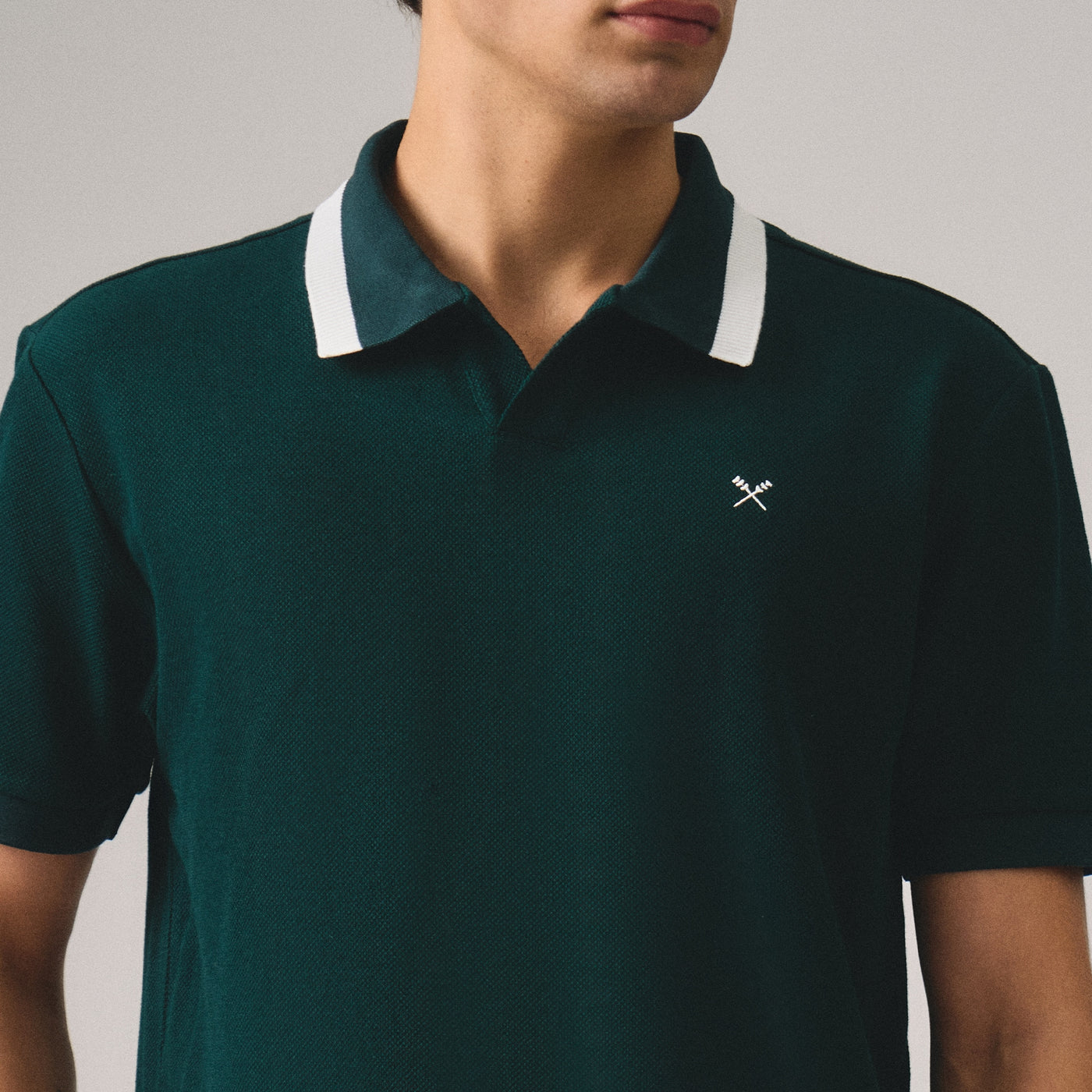 Regular Fit V-Placket Polo Shirt With Contrast Jacquard Collar In Pique