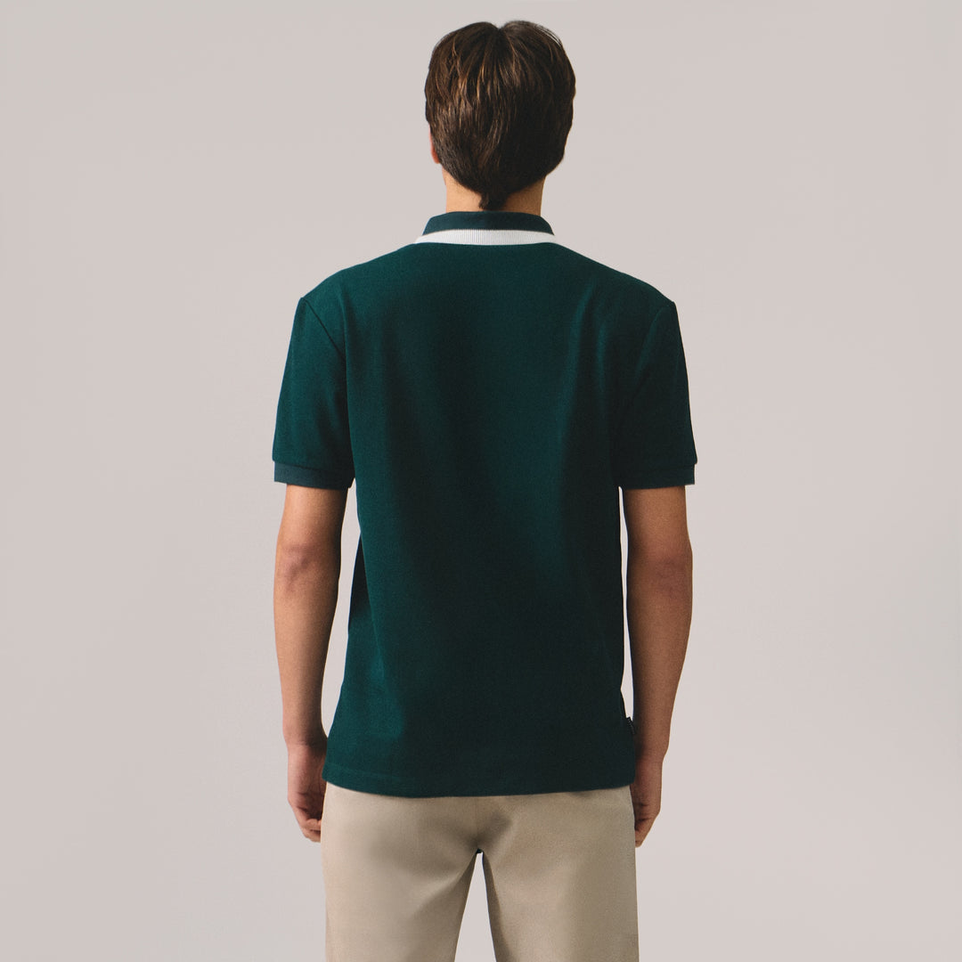Regular Fit V-Placket Polo Shirt With Contrast Jacquard Collar In Pique
