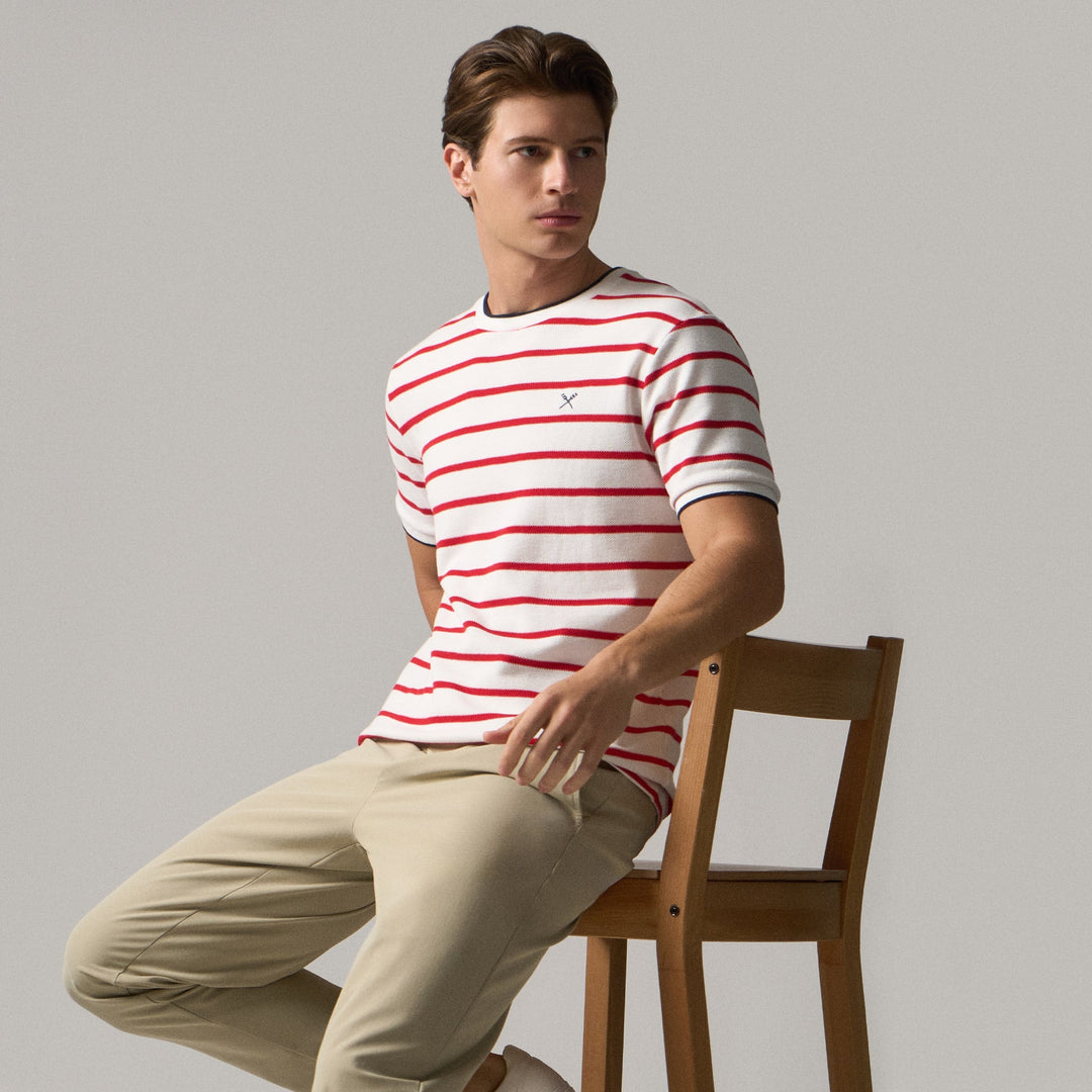 Regular Fit Striped T-Shirt With Contrast Tipping Detail In Honeycomb Pique