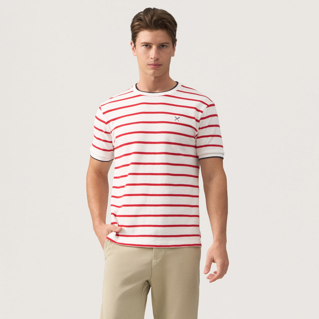 Regular Fit Striped T-Shirt With Contrast Tipping Detail In Honeycomb Pique