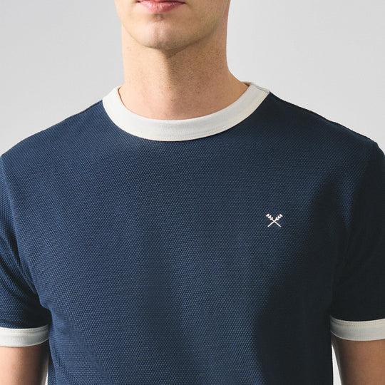 Regular Fit Ringer T-Shirt With Contrast Oar Embroidery In Honeycomb Pique