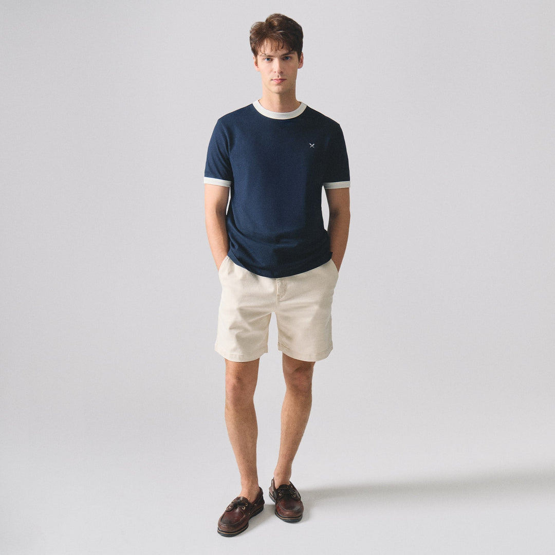 Regular Fit Ringer T-Shirt With Contrast Oar Embroidery In Honeycomb Pique