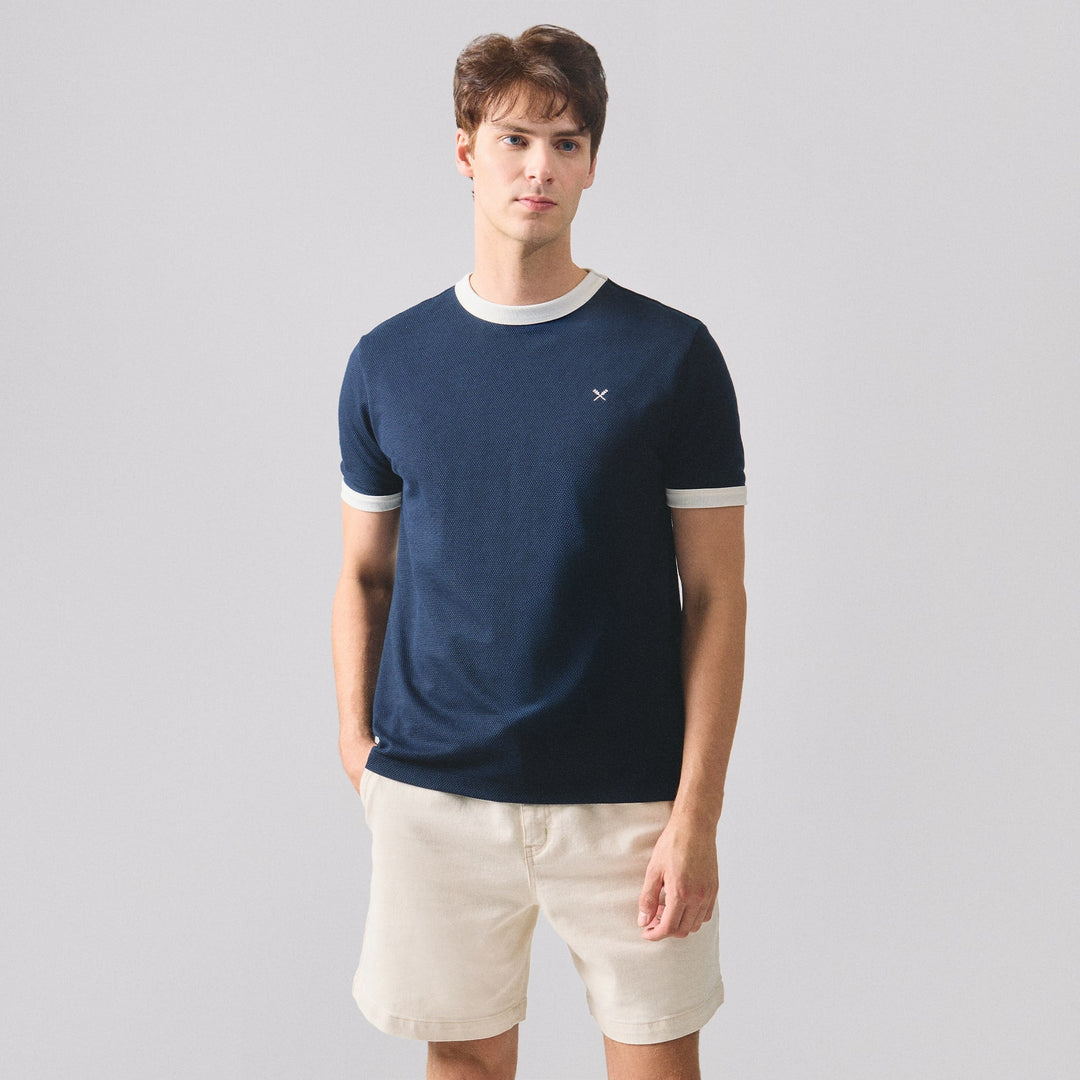 Regular Fit Ringer T-Shirt With Contrast Oar Embroidery In Honeycomb Pique