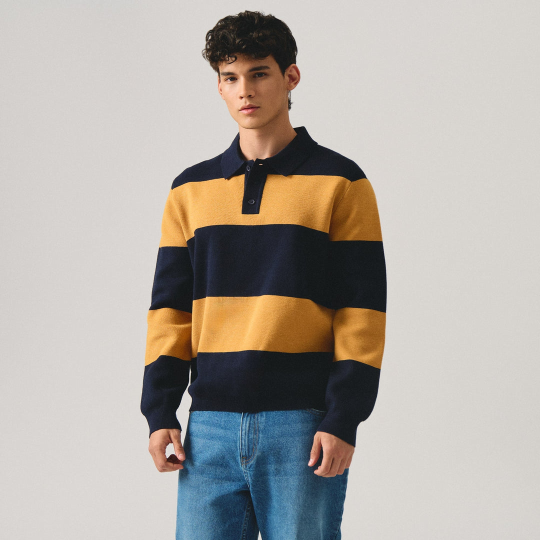 Regular Fit Rugby Striped Long Sleeve Polo Shirt In Milano Knit