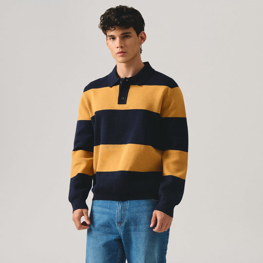 Regular Fit Rugby Striped Long Sleeve Polo Shirt In Milano Knit