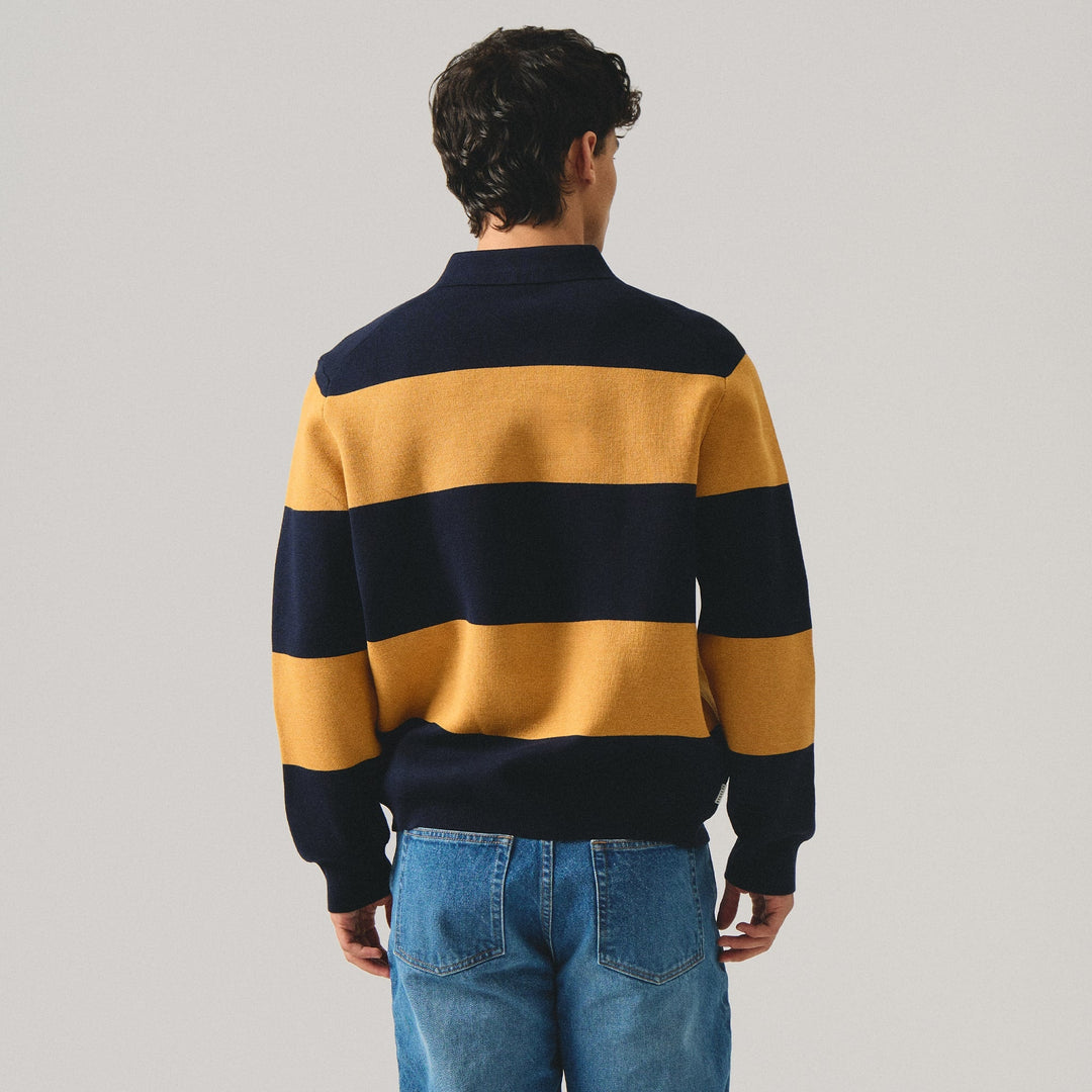 Regular Fit Rugby Striped Long Sleeve Polo Shirt In Milano Knit