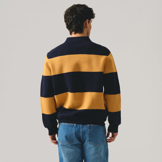 Regular Fit Rugby Striped Long Sleeve Polo Shirt In Milano Knit