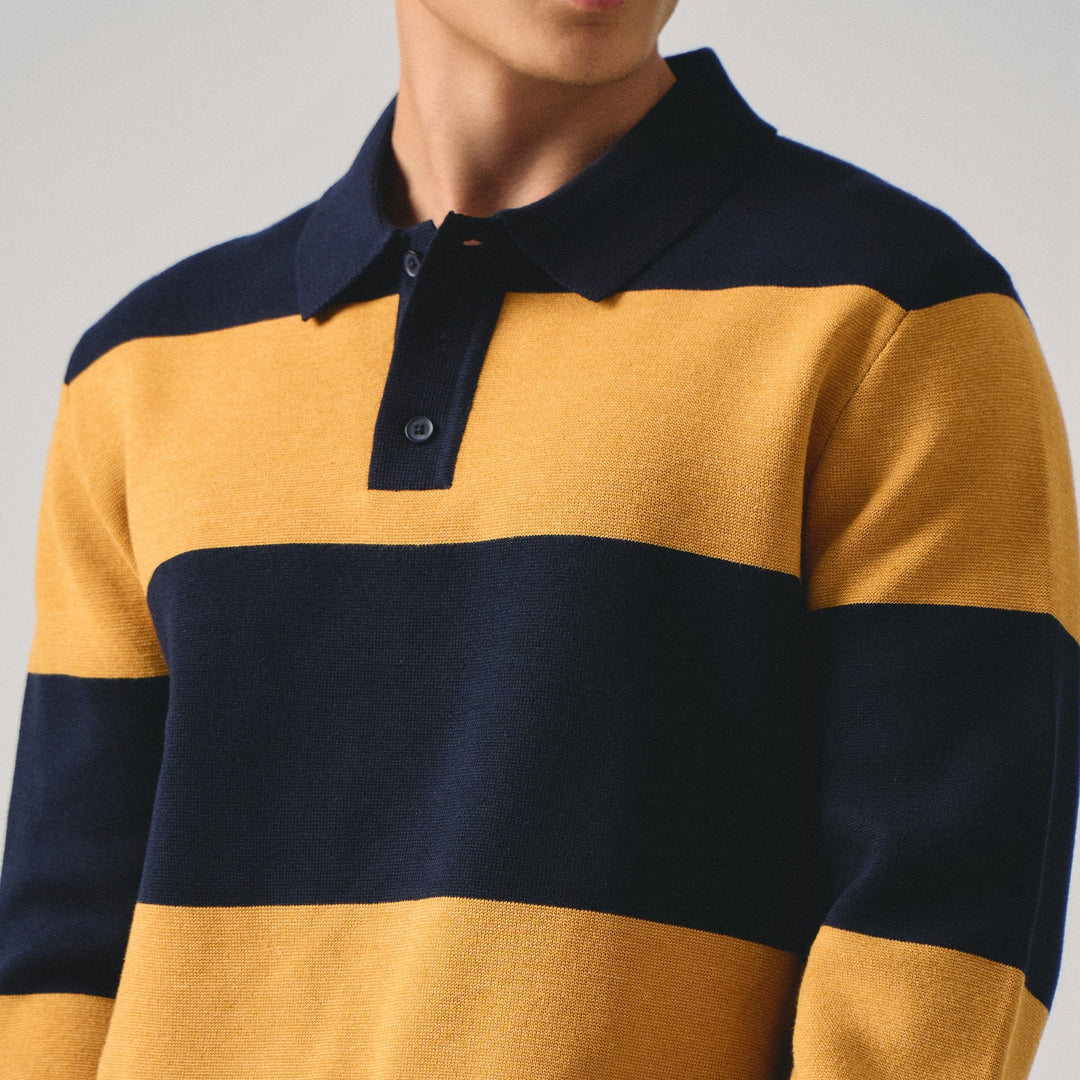 Regular Fit Rugby Striped Long Sleeve Polo Shirt In Milano Knit