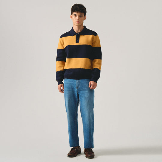 Regular Fit Rugby Striped Long Sleeve Polo Shirt In Milano Knit