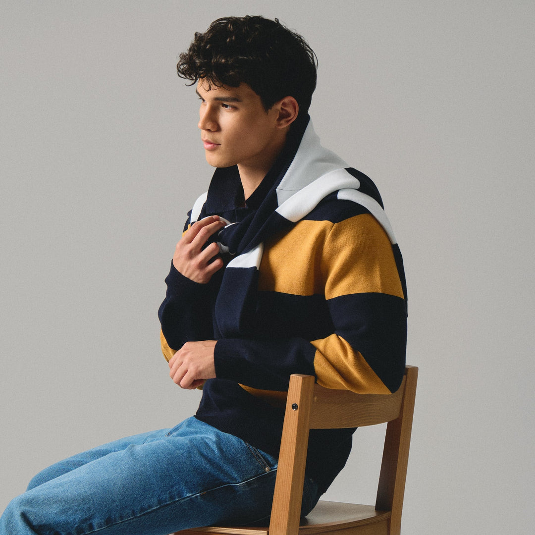 Regular Fit Rugby Striped Long Sleeve Polo Shirt In Milano Knit