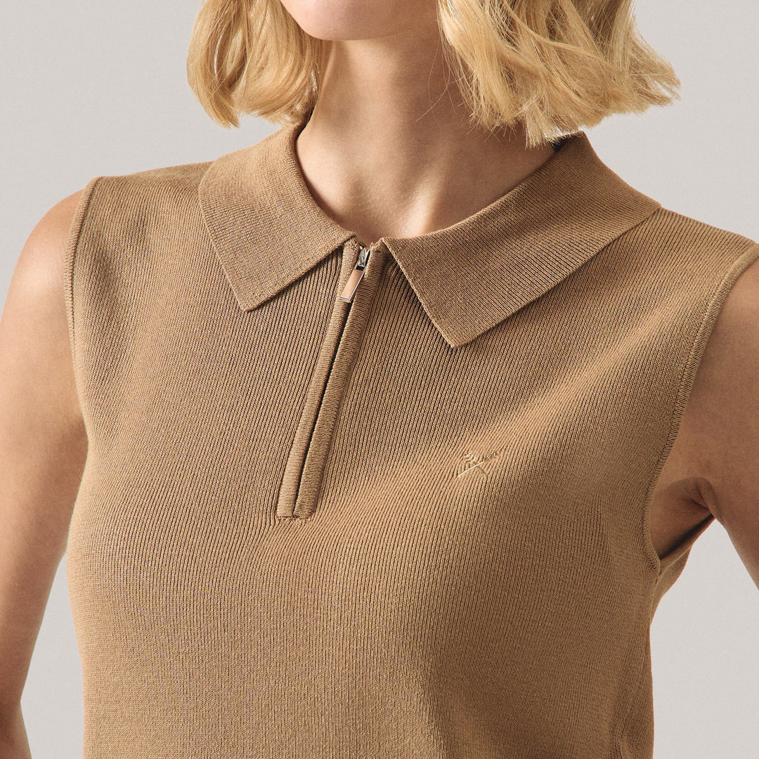 Sleeveless Flat Knit Polo With Zipper
