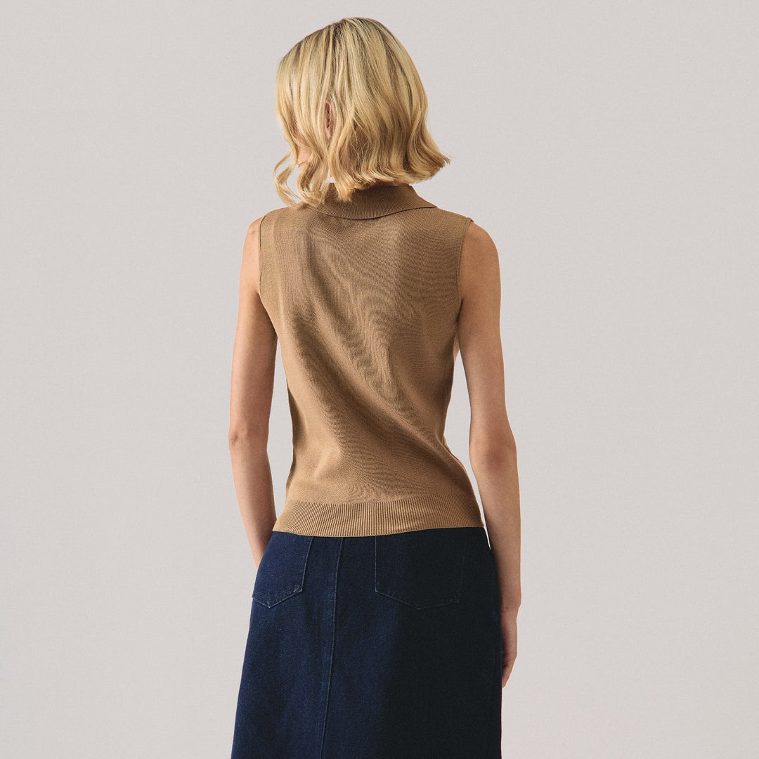 Sleeveless Flat Knit Polo With Zipper