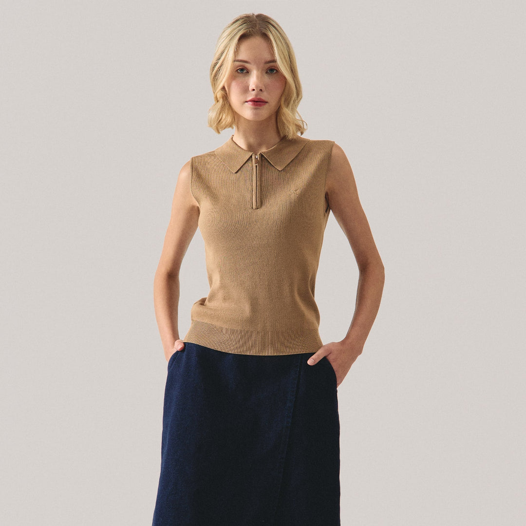 Sleeveless Flat Knit Polo With Zipper